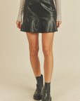 Faux Leather Flare Mini Skort- Black