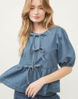 Short Sleeve Tie Front Top- Denim