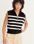 Half Zip Sleeveless Sweater- Cream Stripe