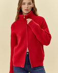 Ribbed Knit Zip Up Jacket- Red