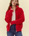 Ribbed Knit Zip Up Jacket- Red