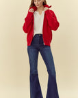 Ribbed Knit Zip Up Jacket- Red