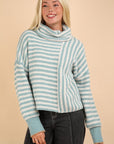 Cowl Neck Striped Knit Sweater-Sage