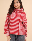 Cowl Neck Striped Knit Sweater-Red