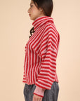 Cowl Neck Striped Knit Sweater-Red