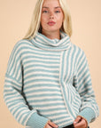 Cowl Neck Striped Knit Sweater-Sage