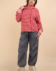 Cowl Neck Striped Knit Sweater-Red