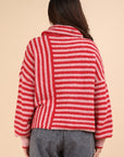 Cowl Neck Striped Knit Sweater-Red