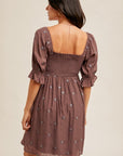 Embroidered Smocked Dress- Eggplant