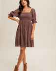 Embroidered Smocked Dress- Eggplant