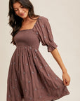 Embroidered Smocked Dress- Eggplant