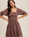 Embroidered Smocked Dress- Eggplant