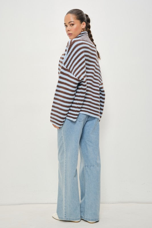 Striped Mocked Neck Zip Up Jacket