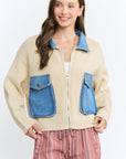 Denim Contrast With Knit Sweater Jacket
