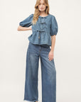 Short Sleeve Tie Front Top- Denim