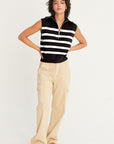 Half Zip Sleeveless Sweater- Cream Stripe