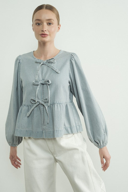 Long Sleeve Tie Top- Denim Stripe