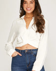 Long Sleeve Collared Crop Shirt- White