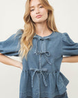 Short Sleeve Tie Front Top- Denim