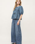 Short Sleeve Tie Front Top- Denim