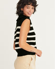 Half Zip Sleeveless Sweater- Cream Stripe