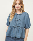 Short Sleeve Tie Front Top- Denim